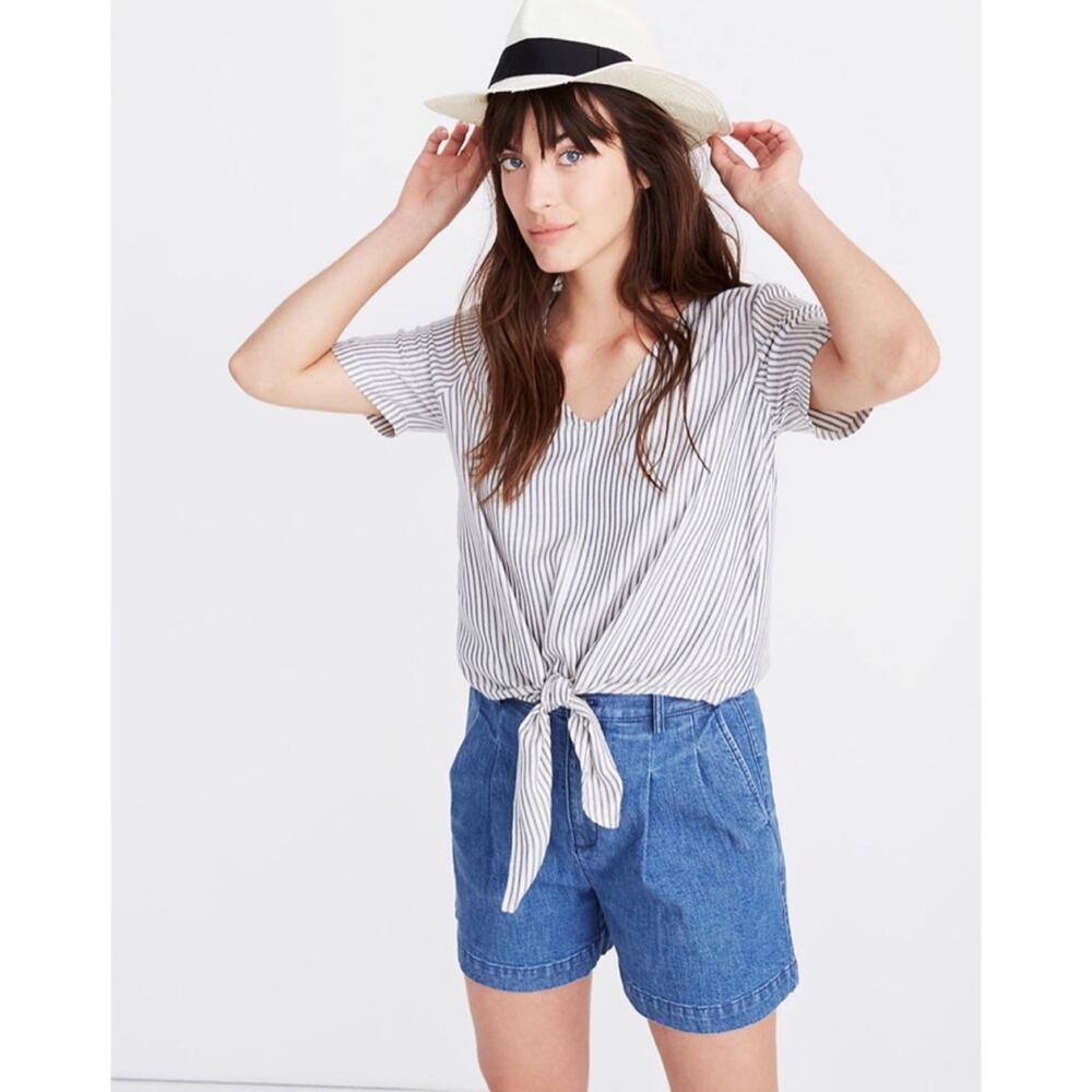 Madewell Novel Tie-Front Top blue cream vertical stripe v-neck short sleeve